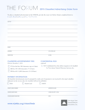 New Jersey Funeral Directors Association Classified Advertising Order Form