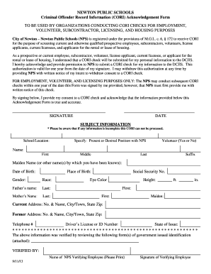 Criminal Offender Record Information (CORI) Acknowledgement Form