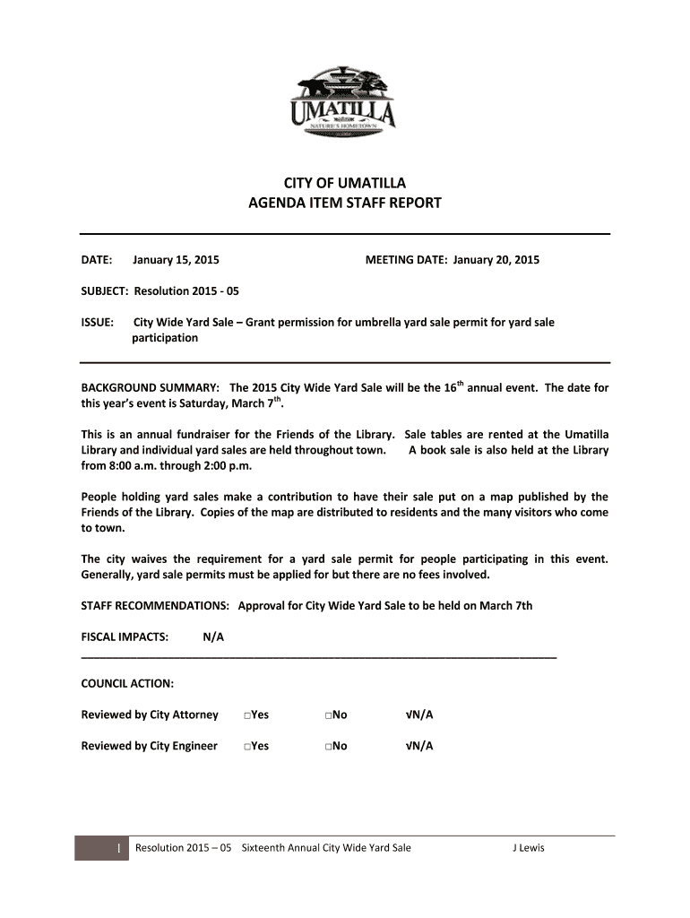 Fillable Online City Wide Yard Sale Grant permission for umbrella yard
