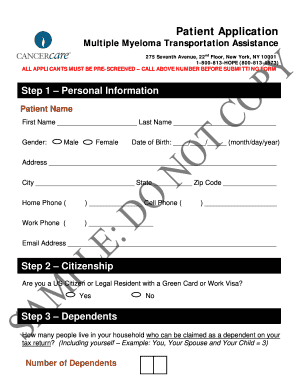Patient Application for Multiple Myeloma Transportation Assistance
