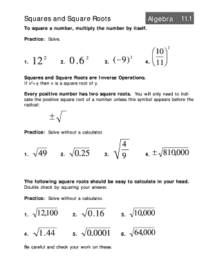 Squares and Square Roots Algebra Worksheet