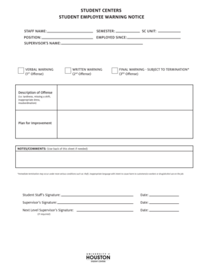 Written verbal warning - Student Staff Warning Notice - uh