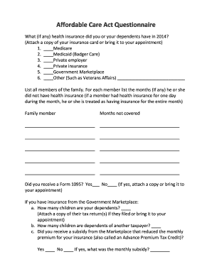 Affordable Care Act Health Insurance Questionnaire