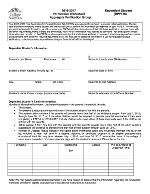 2016-2017 Dependent Student Verification Worksheet