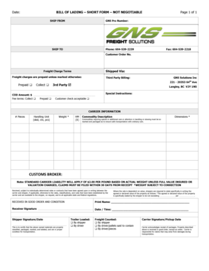 Bill of Lading Short Form