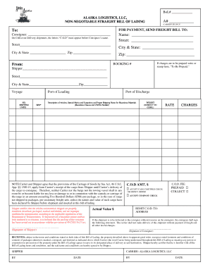 Alaska Logistics Non-Negotiable Straight Bill of Lading
