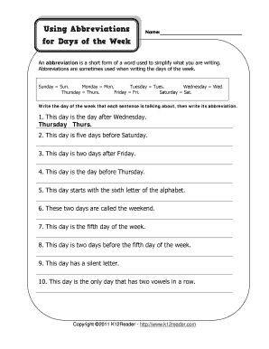 Days of the Week Abbreviation Worksheet