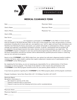 Medical Clearance Form for LIVESTRONG® at the YMCA