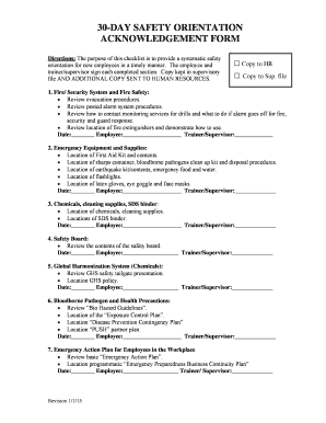 30-Day Safety Orientation Acknowledgement Form