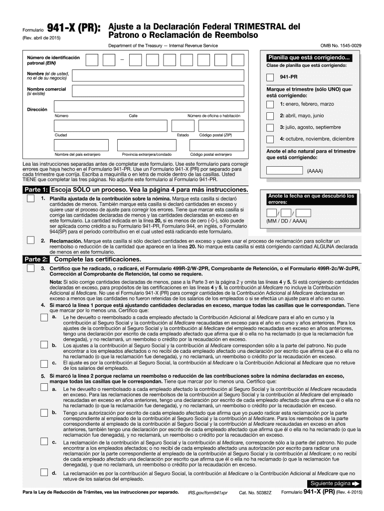 Form 941X (PR) (Rev April 2015) Adjusted Employer's Quarterly Federal Tax Return or Claim for Refund Vista previa en la página 1
