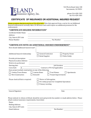 Certificate of Insurance or Additional Insured Request