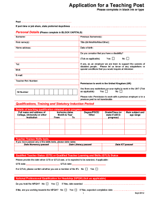 UK Teaching Post Application Form
