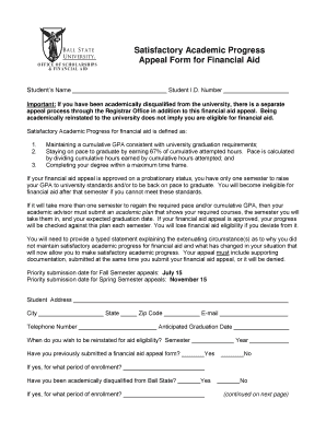Satisfactory Academic Progress Appeal Form for Financial Aid