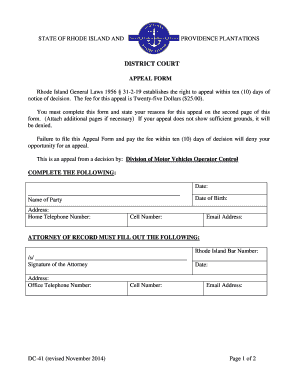 Rhode Island District Court Appeal Form