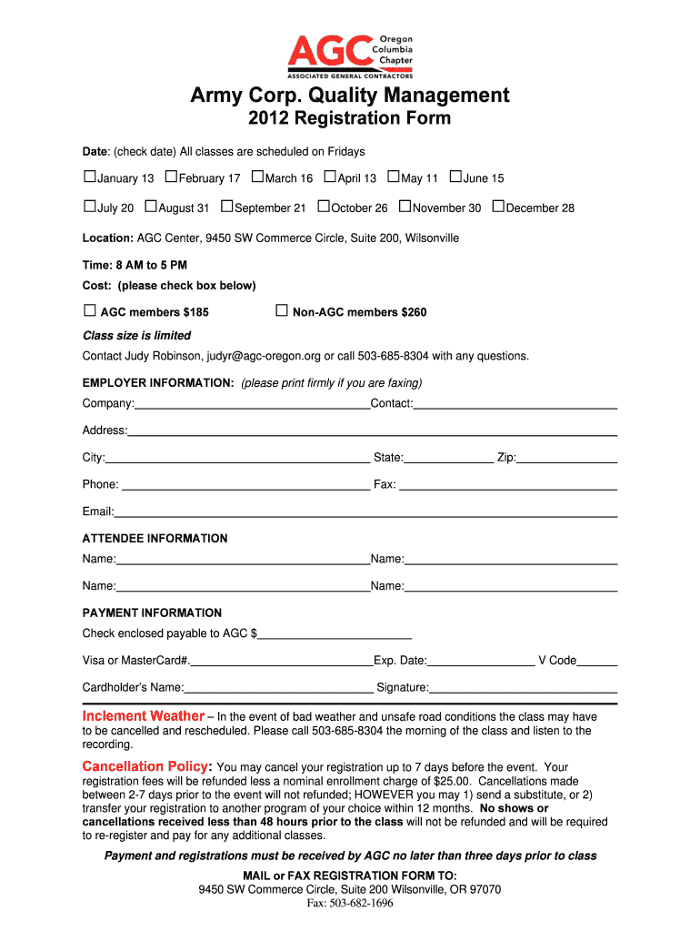 Fillable Online agc-oregon 2012 Army Corp Registration Form Fax Email ...