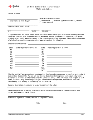Uniform Sales & Use Tax Certificate