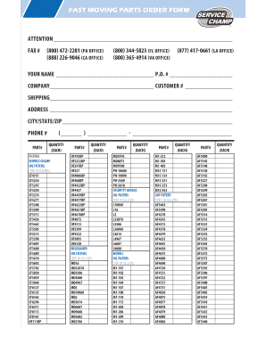 Fast Moving Parts Order Form