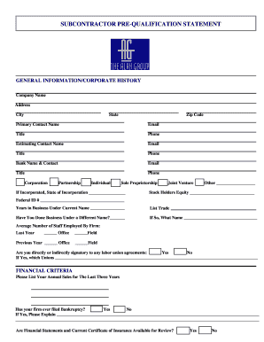 Subcontractor Pre-Qualification Statement