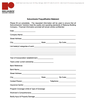Subcontractor Prequalification Statement