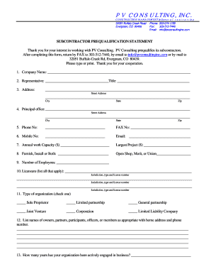 Subcontractor Prequalification Statement