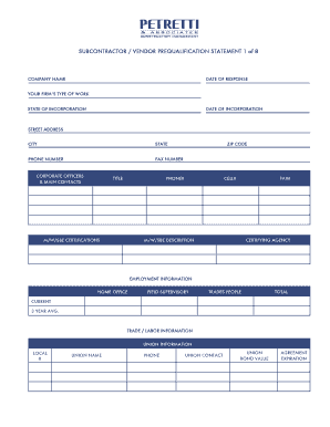 Subcontractor Vendor Prequalification Statement
