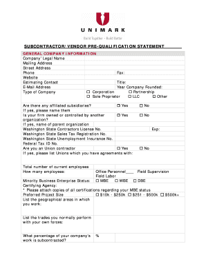 Subcontractor Pre-Qualification Statement