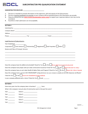 Subcontractor Pre-Qualification Statement