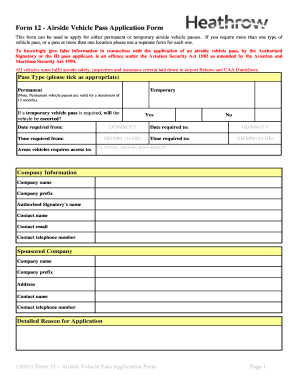 Airside Vehicle Pass Application Form