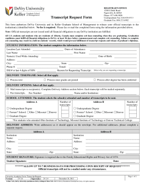 DeVry University Transcript Request Form