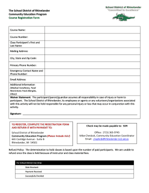 School District of Rhinelander Community Education Program Course Registration Form