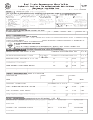 South Carolina Motor Vehicle Title and Registration Application