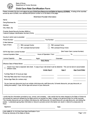Illinois Child Care Rate Certification Form