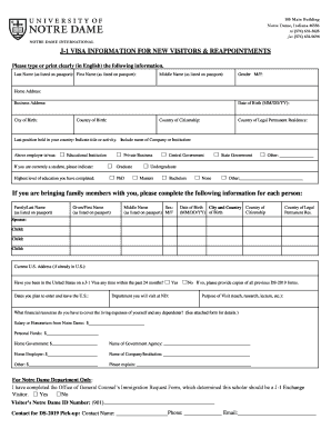 J-1 Visa Information Form for Notre Dame