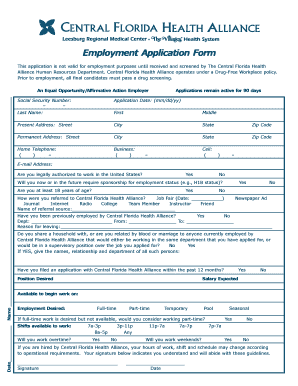 Central Florida Health Alliance Employment Application Form