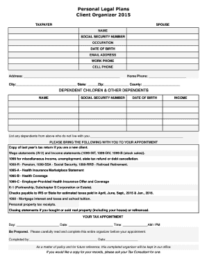 2015 Tax Organizer Form