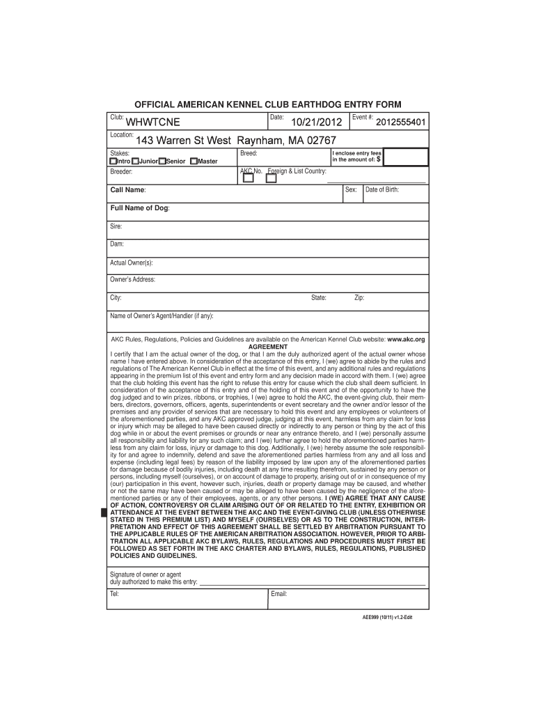Fillable Online OFFICIAL AMERICAN KENNEL CLUB EARTHDOG ENTRY FORM Fax
