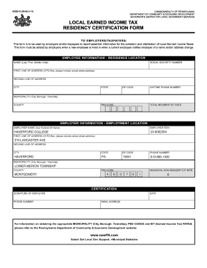 Pennsylvania Local Earned Income Tax Residency Certification Form
