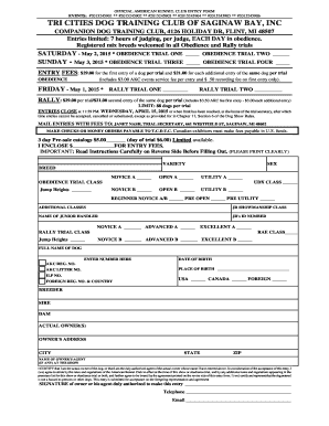American Kennel Club Dog Obedience and Rally Trial Entry Form