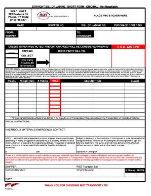 Straight Bill of Lading Short Form
