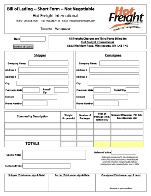 Bill of Lading Short Form
