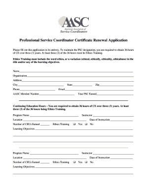 Professional Service Coordinator Certificate Renewal Application