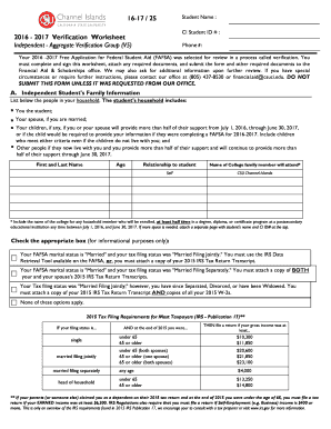 2016-2017 FAFSA Verification Worksheet