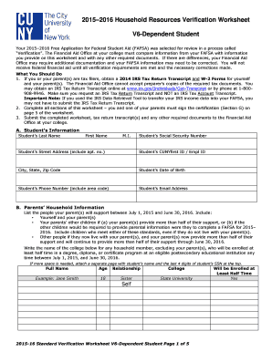 2015-2016 Household Resources Verification Worksheet