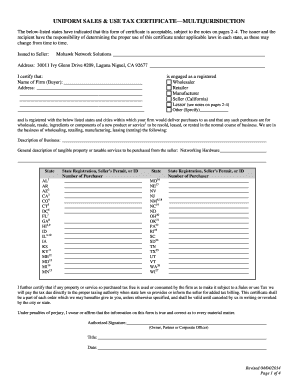 Uniform Sales & Use Tax Certificate