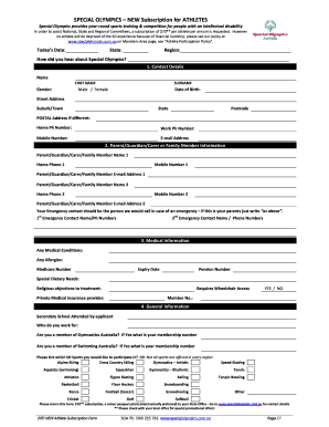 Special Olympics Athlete Subscription Form