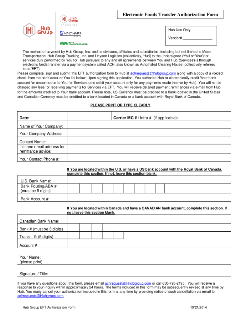Fillable Online Hub Group ACH EFT Authorization Form 10-20-14 Fax Email ...