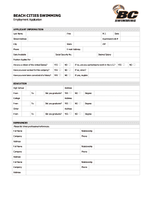 Beach Cities Swimming Employment Application