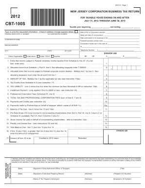 New Jersey Corporation Business Tax Return
