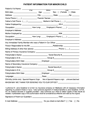 Patient Information Form for Minor/Child