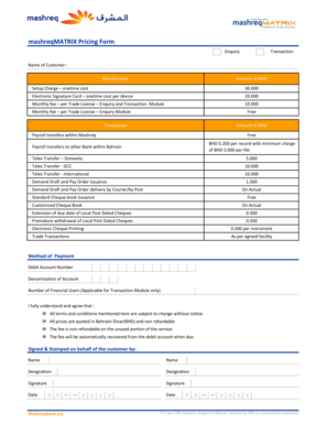Mashreqbank Pricing Form